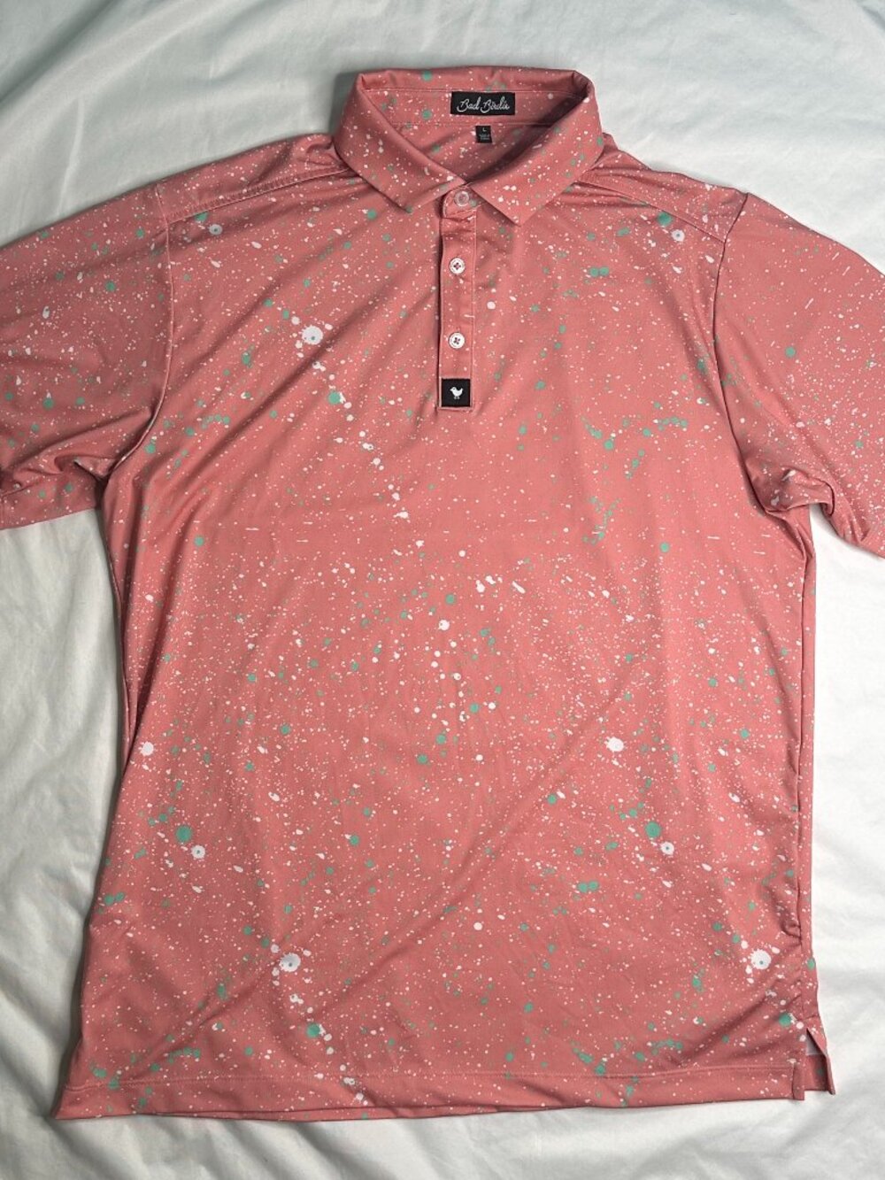 Bad Birdie Polo Shirt Mens Large Pink Paint Splatter Golf Performance Stretch